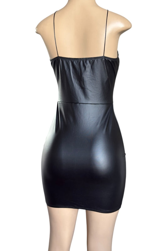 Black leather dress on a mannequin against a white background