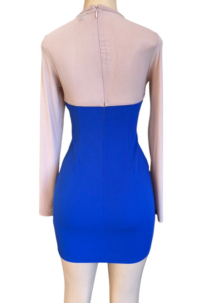 Blue dress with sheer long sleeves on a mannequin against a white background