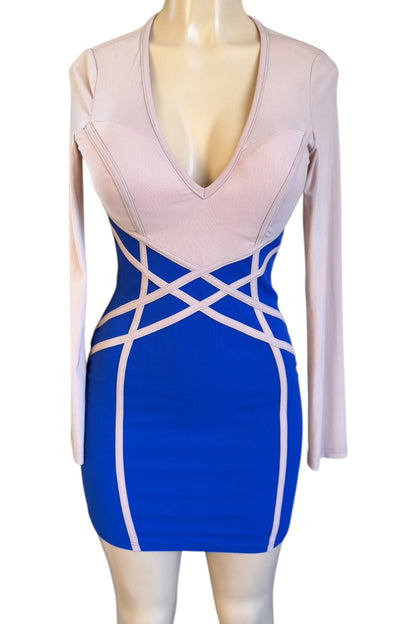 Mannequin wearing a blue and beige dress with criss-cross design on a white background