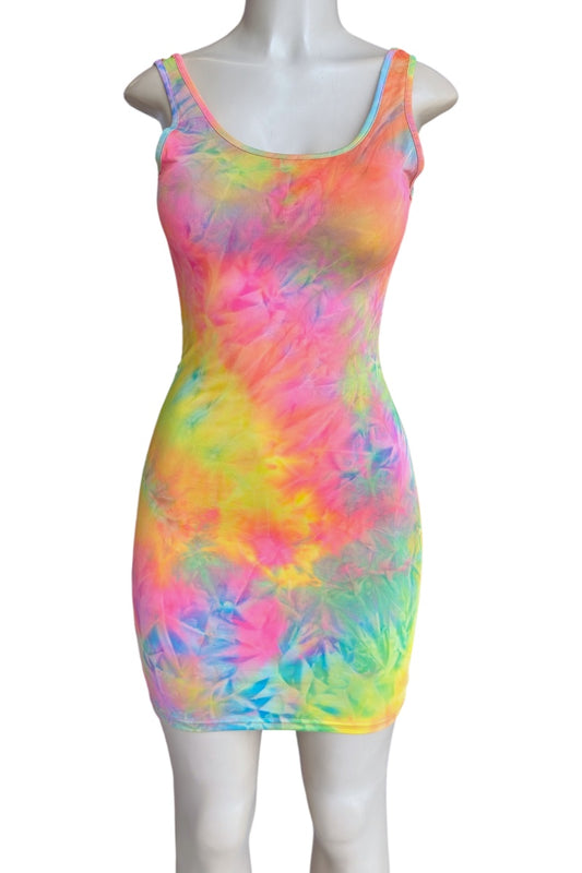 Multicolored tie-dye dress on a mannequin against a white background
