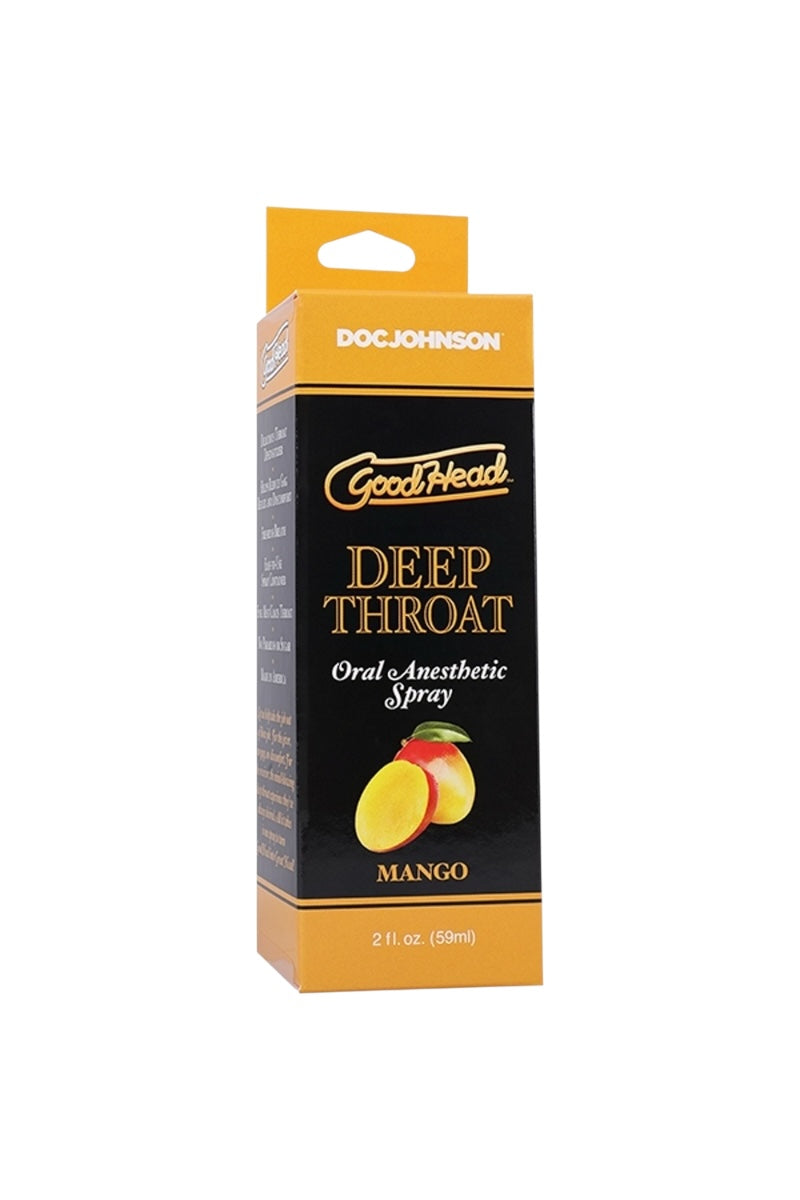 GoodHead Deep Throat Oral Anesthetic Spray packaging with mango flavor on a white background