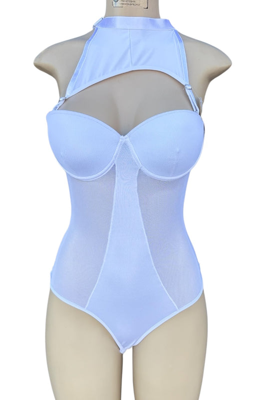 White Bodysuit on a mannequin against a white background