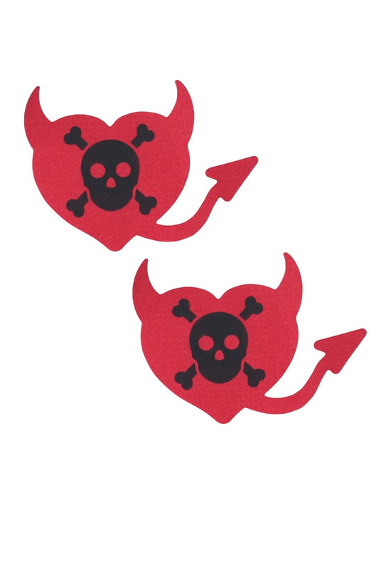 Two red devil horns with black skull and crossbones pasties on a white background