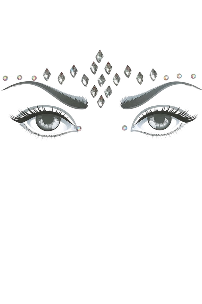 Facial gems design and rhinestone accents on a white background