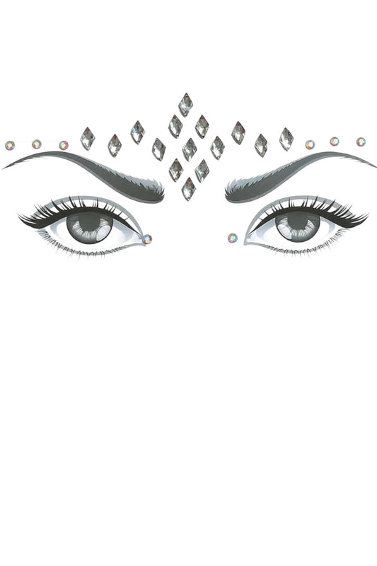 Facial gems design and rhinestone accents on a white background