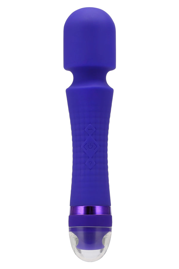 A purple silicone personal massager with a textured handle, a metallic purple accent ring, and a clear silicone tip, shown against a plain white background.
