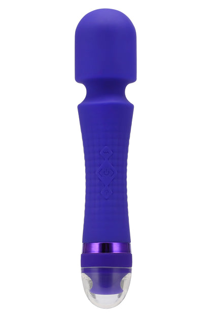 A purple silicone personal massager with a textured handle, a metallic purple accent ring, and a clear silicone tip, shown against a plain white background.