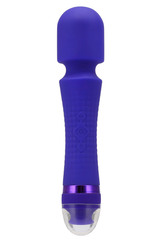 A purple silicone personal massager with a textured handle, a metallic purple accent ring, and a clear silicone tip, shown against a plain white background.