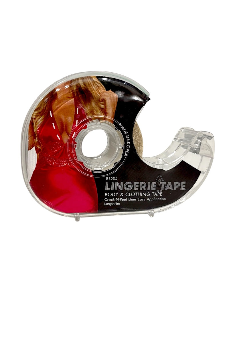 A roll of lingerie tape on a clear tape dispenser, featuring a graphic label with a woman in a red dress and the text 'LINGERIE TAPE' and 'BODY & CLOTHING TAPE'.
