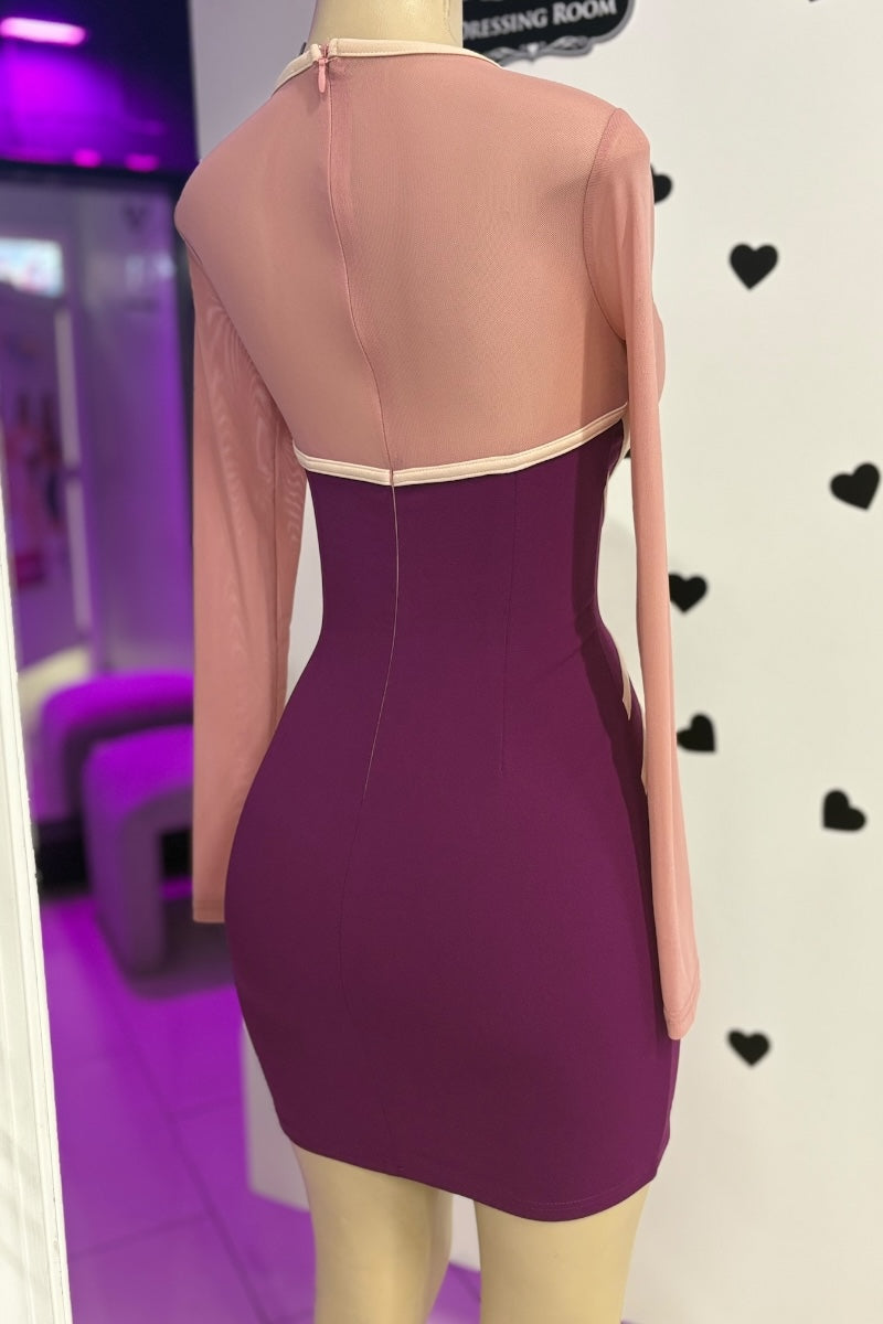Mannequin wearing a two-tone dress with a pink top and purple skirt against a white wall with black heart shapes.