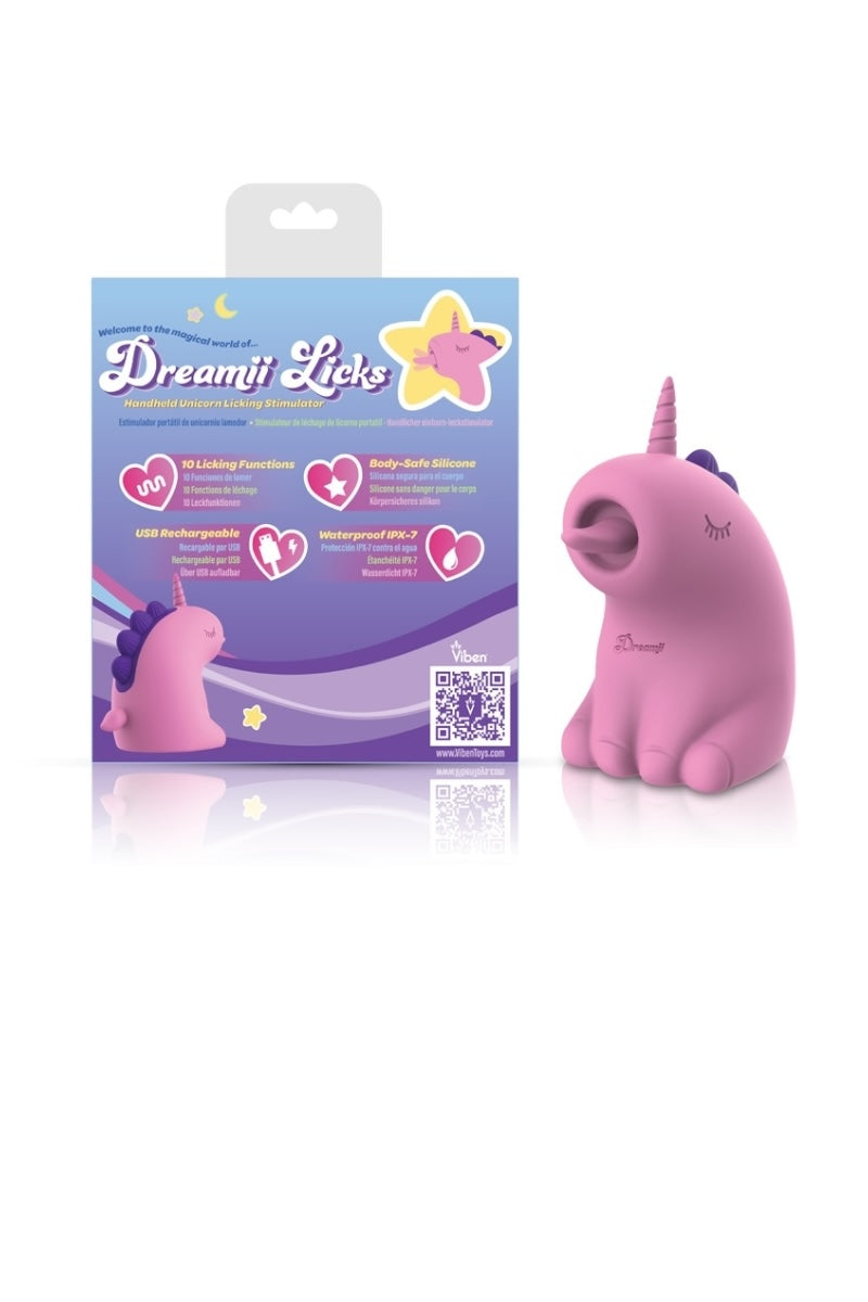 Pink unicorn-shaped product with 'Dreamii Licks' packaging on a white background