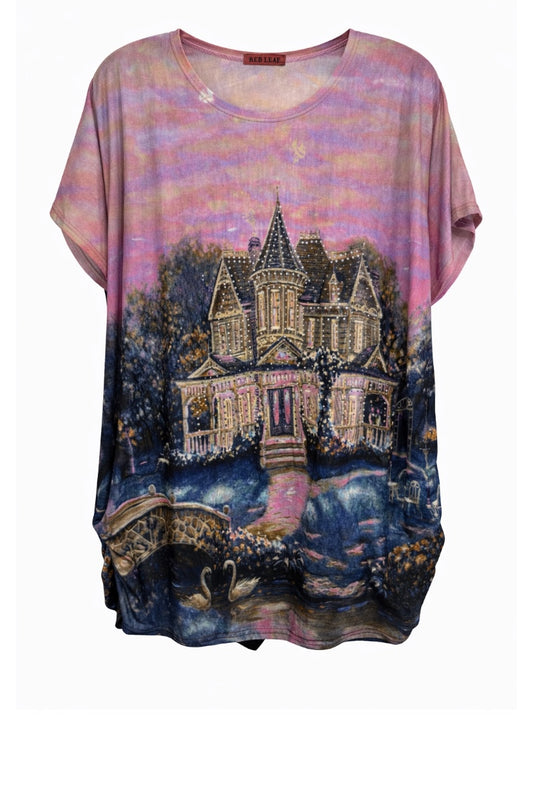 T-shirt with a printed design of a house and landscape on a white background