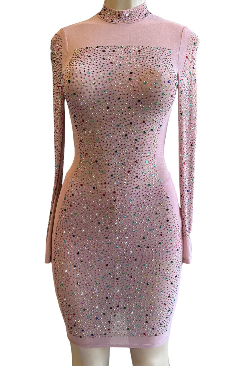 Pink dress with rhinestone detailing on a mannequin against a white background