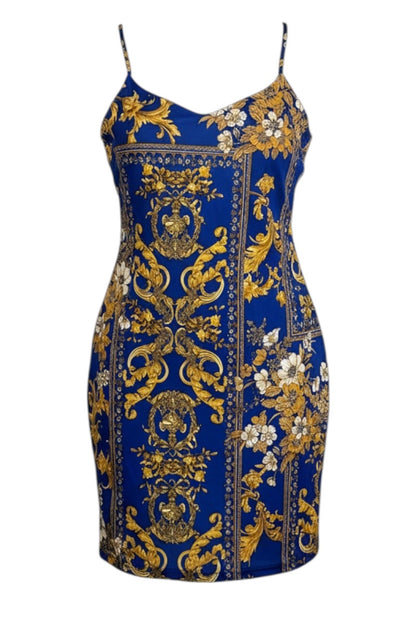 Blue dress with gold and white floral and baroque patterns on a white background