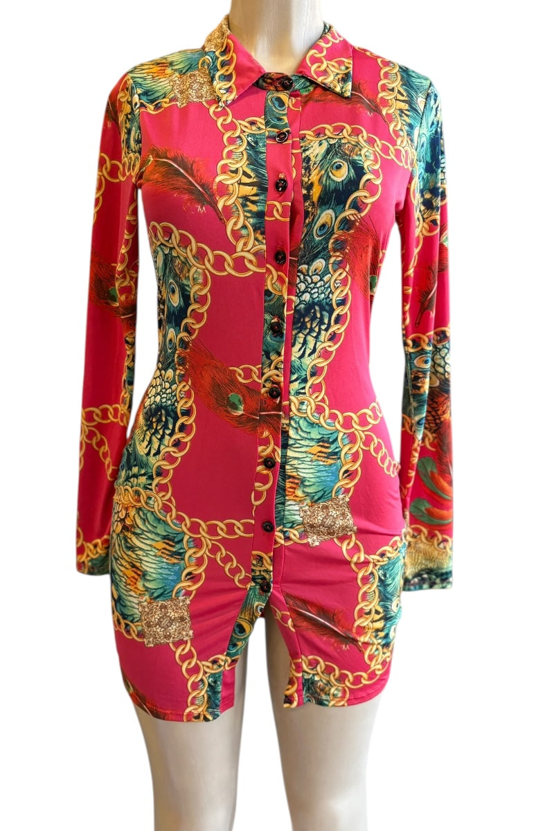 Colorful patterned dress on a mannequin against a white background