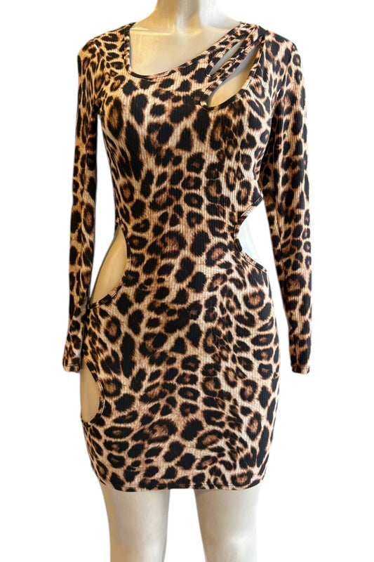 Leopard print dress on a mannequin against a white background