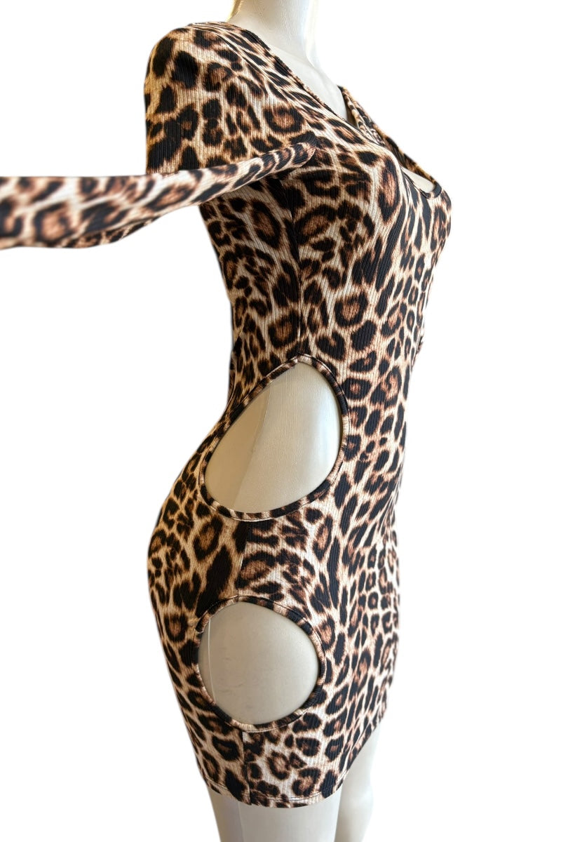 Leopard print dress on a mannequin against a white background