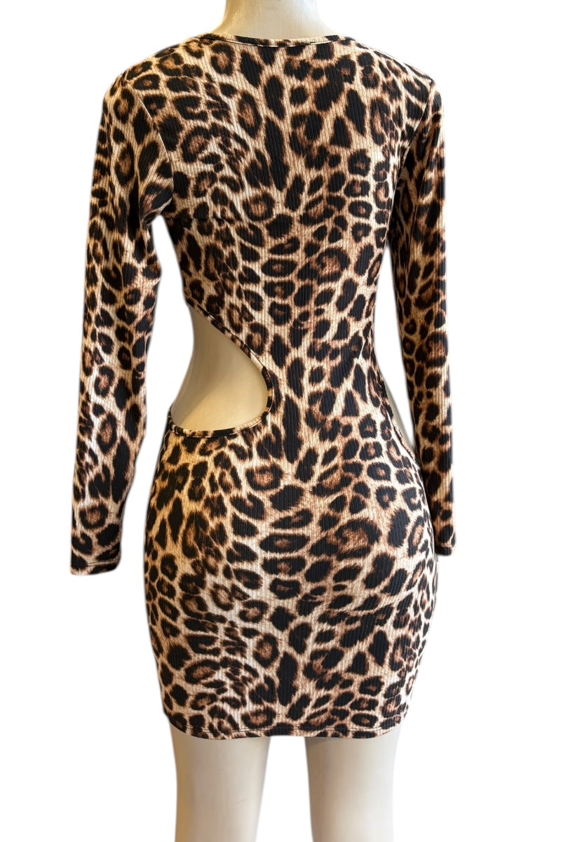 Leopard print dress on a mannequin with a white background
