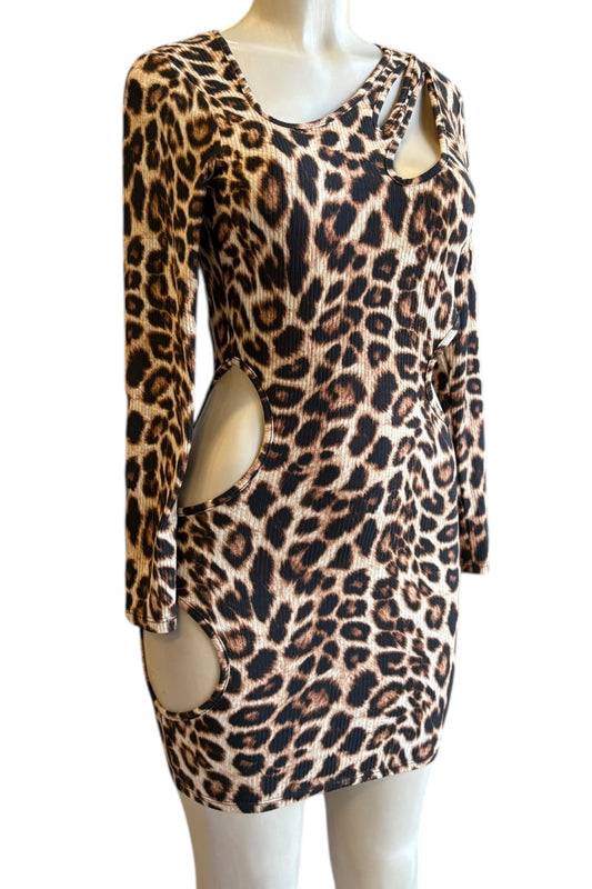 Leopard print dress on a mannequin against a white background