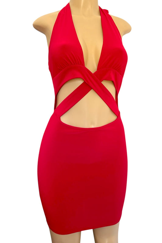 Red dress with cut-out design on a mannequin against a white background