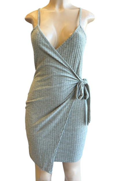grey knit dress on a mannequin against a white background