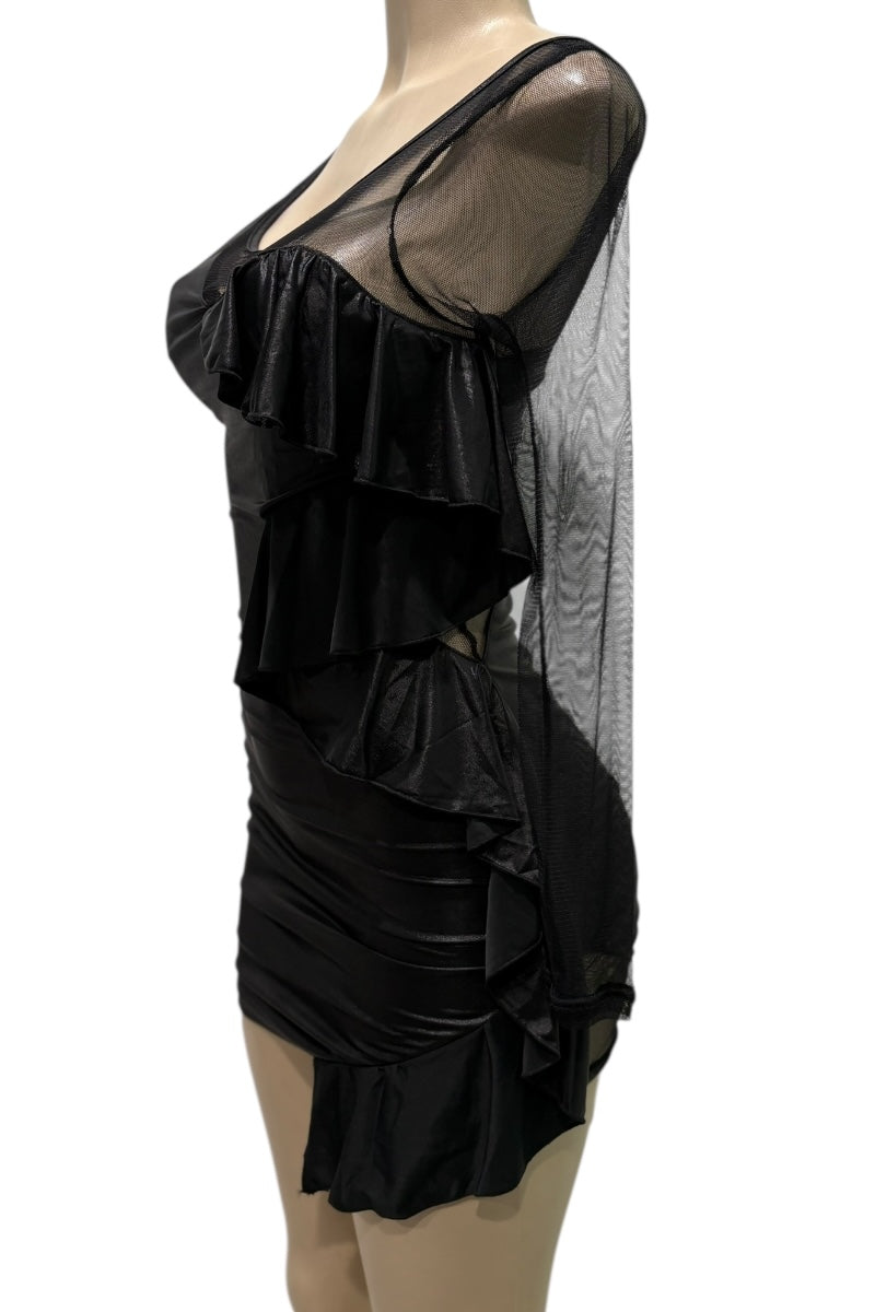 Black dress with ruffled layers on a mannequin against a white background