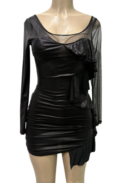 Black dress with sheer sleeves on a mannequin against a white background