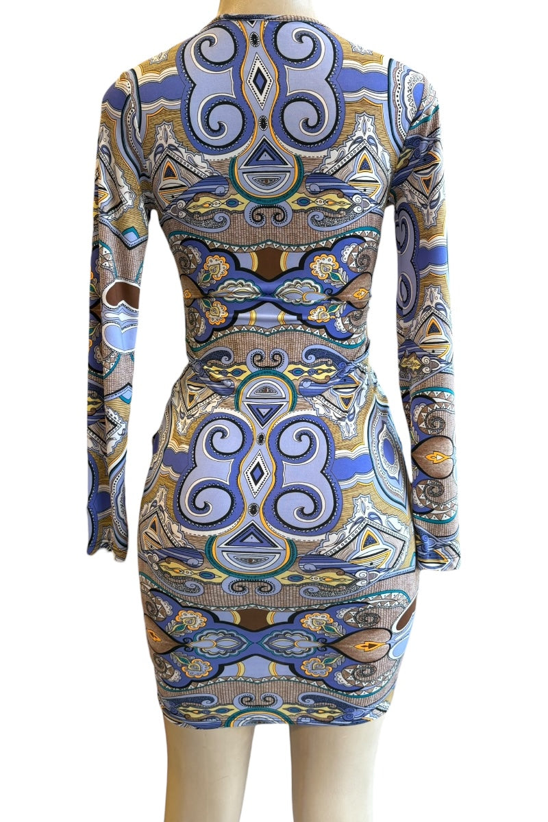 Patterned dress on a mannequin with a white background