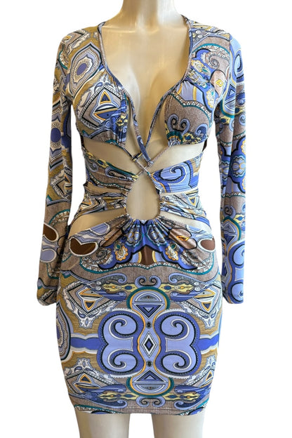 Patterned dress on a mannequin with a white background