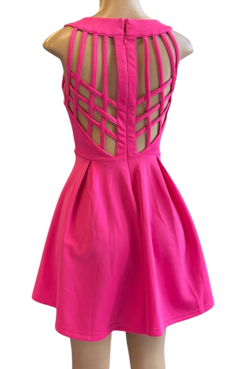 Pink dress with cut-out back design on a white background