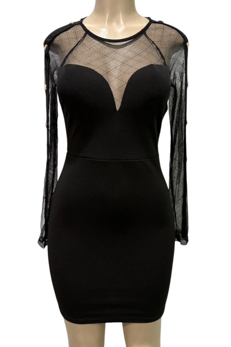 Black dress with sheer sleeves on a mannequin against a white background