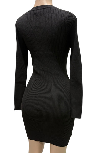 Black ribbed dress on a mannequin against a white background