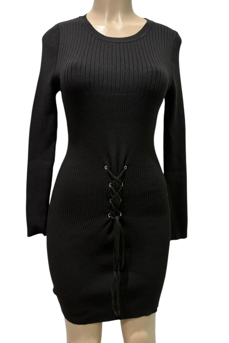 Black ribbed knit dress with lace-up front on a mannequin against a white background