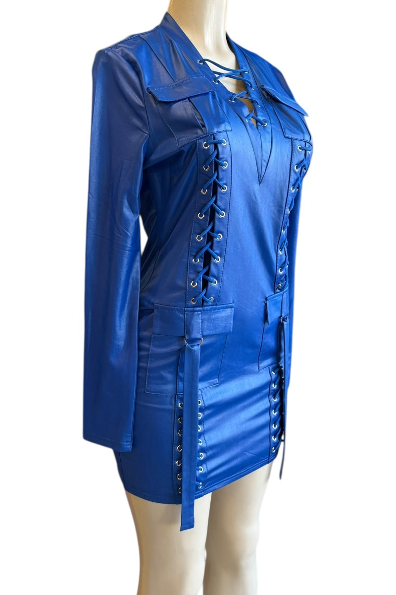 Blue leather jacket with lace-up details on a mannequin against a white background