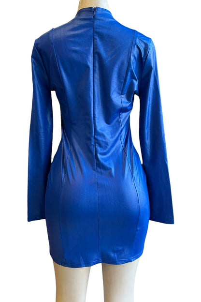 Blue metallic dress on a mannequin against a white background