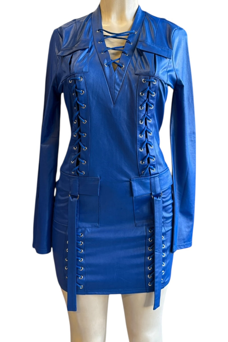 Blue metallic dress with lace-up details on a mannequin against a white background