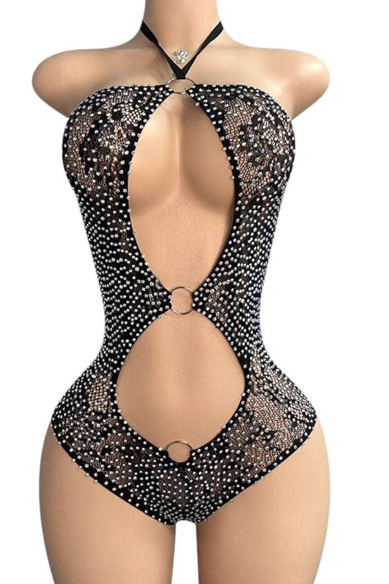 Black rhinestone lingerie set on a mannequin against a white background