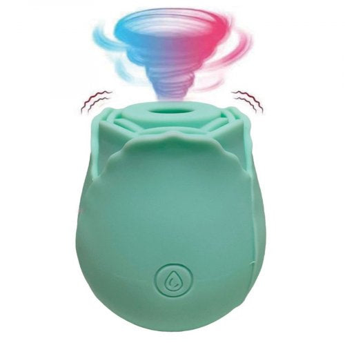 A green, rose-shaped rechargeable vibrator with a smooth surface and a button on the base.
