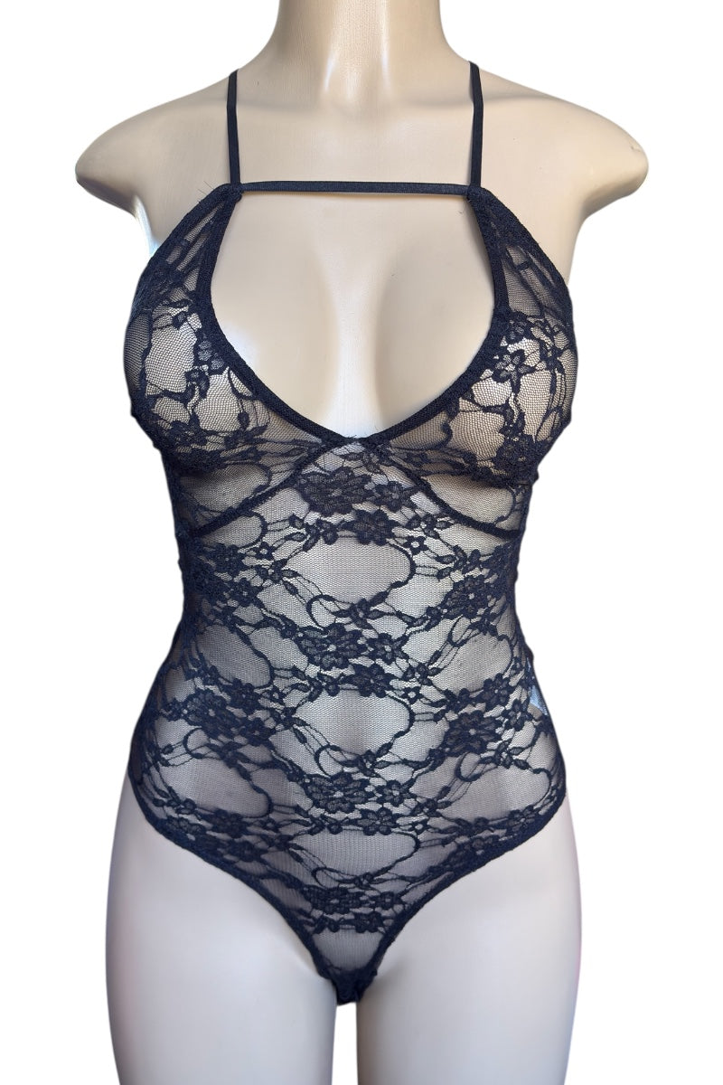 Black lace bodysuit on a mannequin against a white background