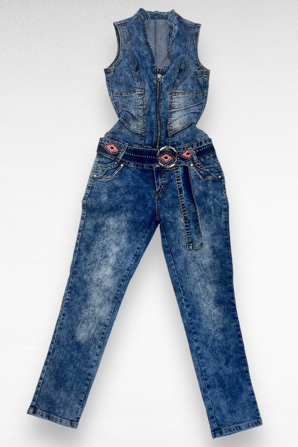 Embroidered Studded Denim Jumpsuit