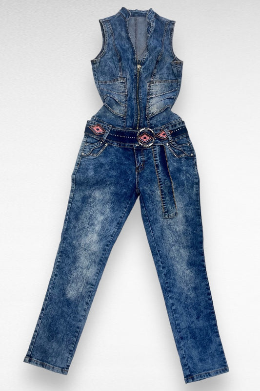 Embroidered Studded Denim Jumpsuit