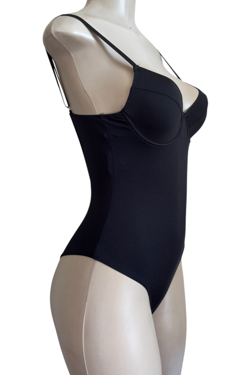 Black bodysuit on a mannequin against a white background