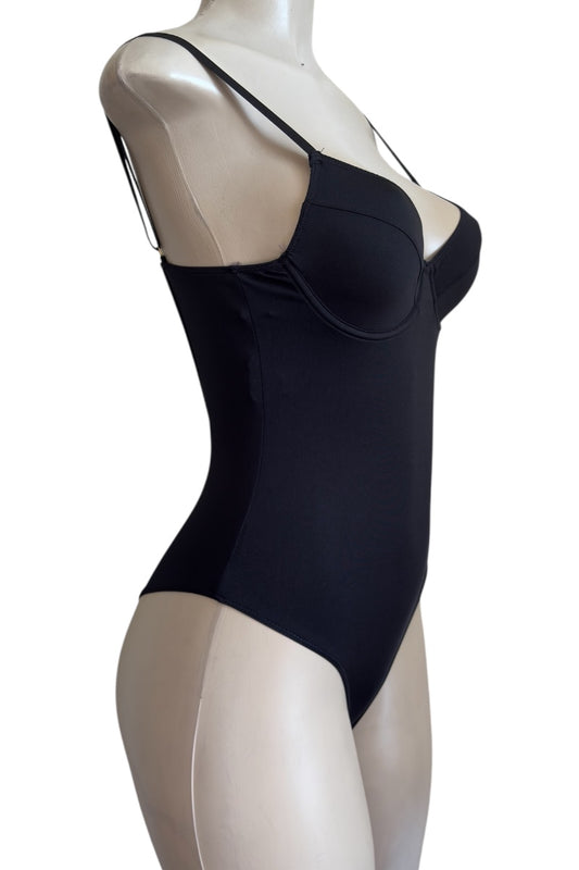 Black bodysuit on a mannequin against a white background