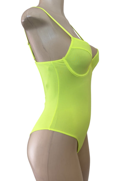 Neon yellow bodysuit on a mannequin against a white background