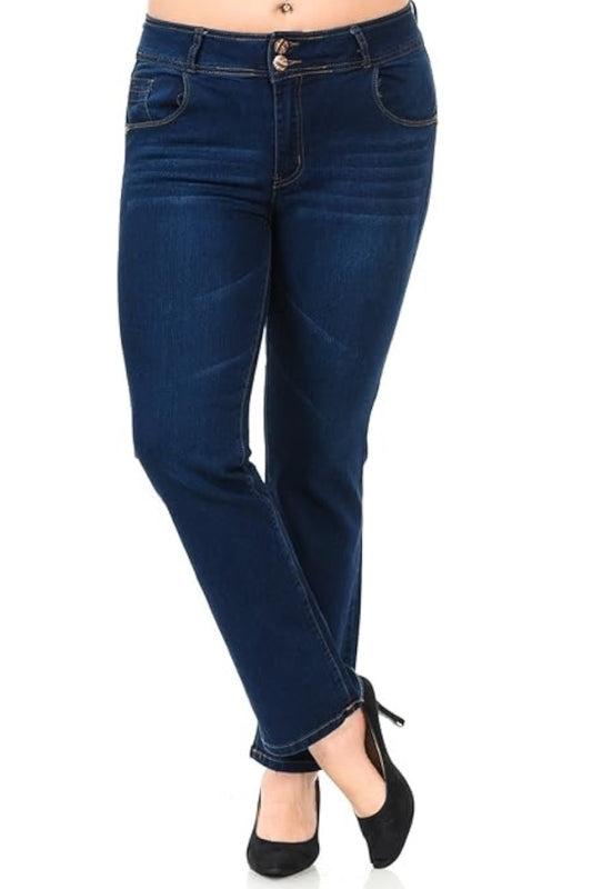 Dark blue jeans worn by a person on a white background