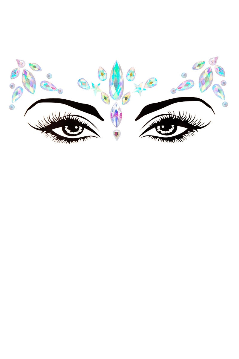 Face design with gemstones on a white background