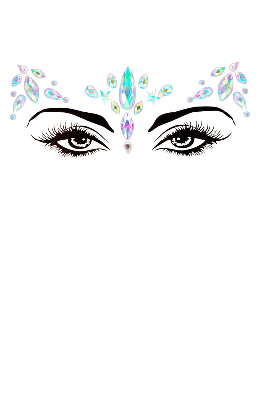 Face design with gemstones on a white background