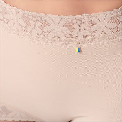 Close-up of beige lace-trimmed underwear with a brand logo.