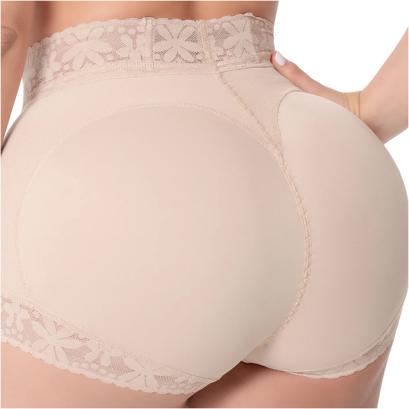 Beige shapewear with lace waistband on a white background