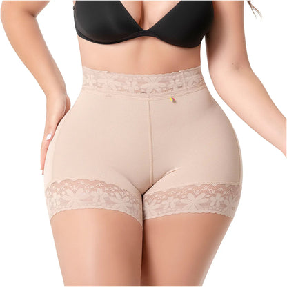 Beige shapewear with lace details on a white background